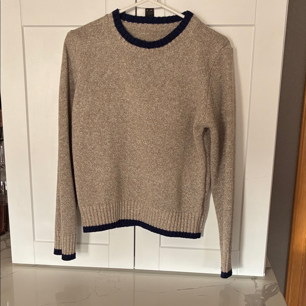 Women's Beige Crew Neck Sweater with Navy Trim